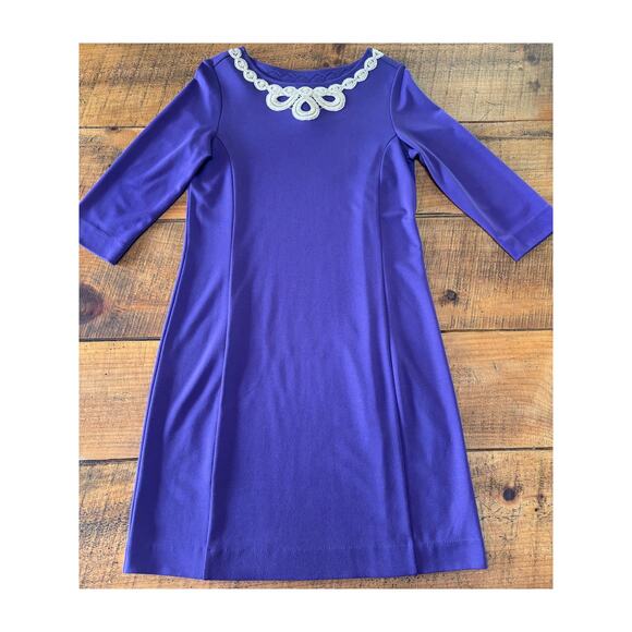 Womens Lilly Pulitzer Purple Embroidered Collar Jonah Knit 3/4‎ Sleeve Dress M - Picture 1 of 8